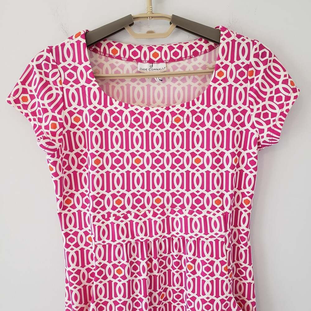 Jude Connally Dress Pink Geometric Print  Sleeveless Shift Dress Small Preppy